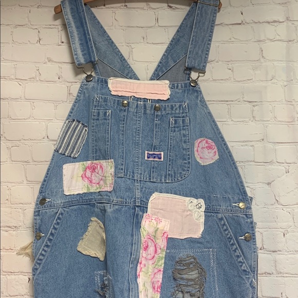 Vtg Upcycled Patchwork Denim Crop Ruffle Overalls Floral  Cottagecore  XL - Picture 3 of 10